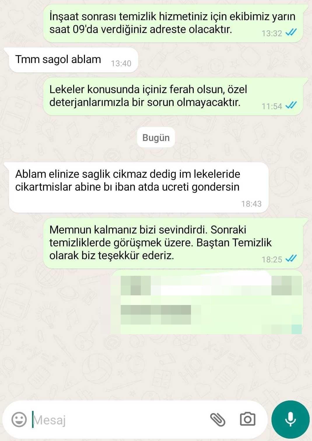 Baştan Temizlik müşteri yorumu - WhatsApp yazışması